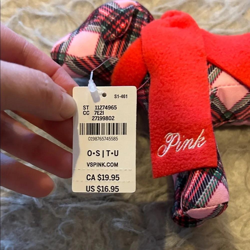 NWT Pink By Victoria Secret Pink Plaid‎ Stuffed Dog with Logo Red Scarf